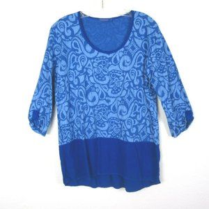 Fresh Produce 3/4 Sleeve Cotton Top M Blue Ikat